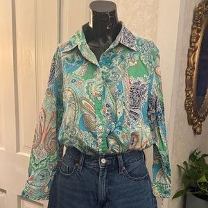 Talbots 3/4 Sleeve 100% Cotton Green Blue Paisley Button Up Sz XL